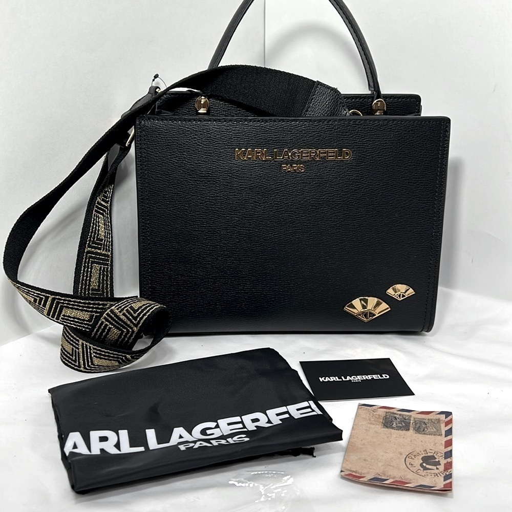 Karl Lagerfeld Paris Black Leather‎ Satchel Handbag Gold Fan Detail New